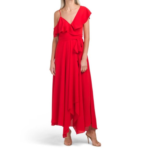 Likely Leilani Asymmetrical Chiffon Red Gown 2 - Picture 3 of 11